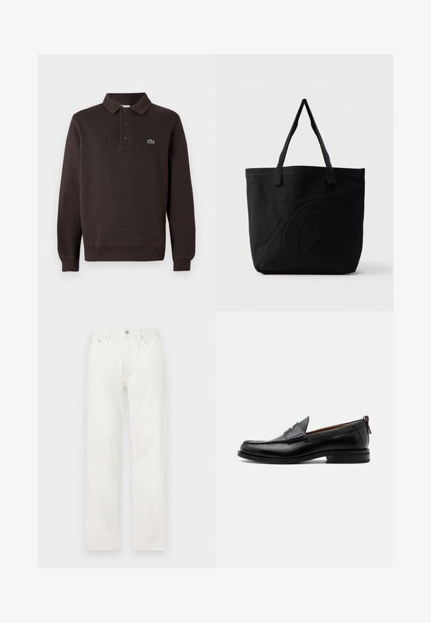 Polo à manches longues marron en tissu texturé, doté d'une patte de boutonnage à trois boutons et d'un petit logo Lacoste sur la poitrine.; Jean en denim blanc coupe droite avec poches avant, passants pour ceinture et fermeture par bouton à la taille, présenté sur un fond uni.; Mocassin homme en cuir noir avec couture moc toe, bride penny, col texturé et petit talon empilé sur fond blanc.; Sac fourre-tout en toile noire avec deux bandoulières et un motif circulaire discret en relief sur le devant.