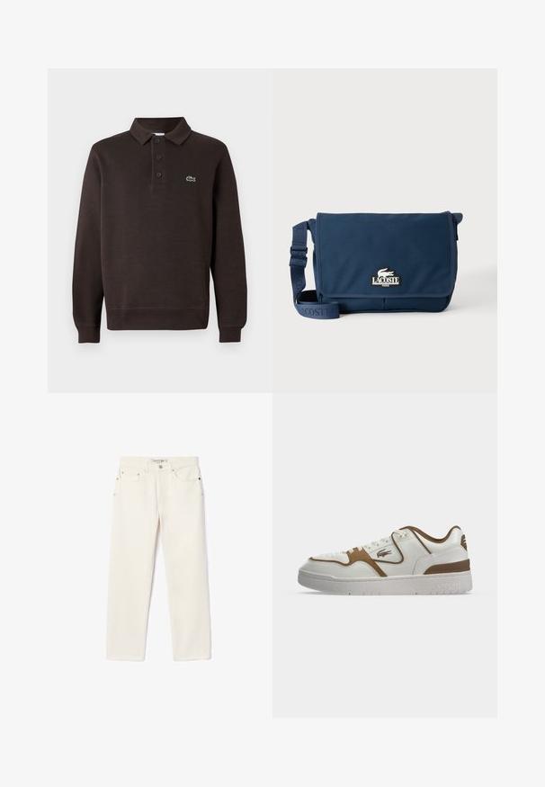 Hnedá polokošeľa s dlhým rukávom vyrobená z textúrovaného materiálu, s trojitému gombíkovému zapínaniu a malým logom Lacoste na hrudi.; Džínsy v smotanej farbe so strihom rovného nohu, obsahujúce dve predné vrecká, zapínanie na gombík a decentné logo blízko pásu.; Bielo-hnedá nízka teniska so šnurovaním vpredu, logo krokodíla Lacoste na boku a hrubá biela podrážka s vyrazeným názvom značky.; Tmavomodrá Lacoste messenger taška s nastaviteľným popruhom a logom na prednom klape, na svetlom jednokolovom pozadí.