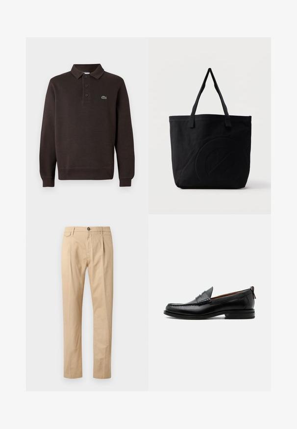 Camisa polo de manga larga marrón hecha de tejido texturizado, con un pletina de tres botones y un pequeño logo de Lacoste en el pecho.; Pantalones beige de algodón de pierna recta para hombre con bolsillos frontales, pasadores para cinturón, cierre de botón y cremallera, sobre un fondo blanco.; Mocasín de hombre de piel negra con costura moc toe, tira penny, cuello texturizado y tacón bajo apilado sobre fondo blanco.; Bolsa tote de lona negra con dos correas para el hombro y un diseño circular en relieve sutil en el frente.