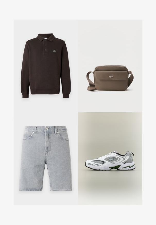 Camisa polo de manga larga marrón hecha de tejido texturizado, con un pletina de tres botones y un pequeño logo de Lacoste en el pecho.; Pantalones cortos de mezclilla gris claro con un corte recto, cinco bolsillos, cierre de botón y detalles de costura en contraste.; Zapatilla deportiva de running en blanco y gris, con paneles de malla, acentos verdes, detalles en negro y un logo en el costado, vista desde el lado exterior.; Pequeño bolso bandolera topo con correa ajustable y bolsillo frontal con solapa que presenta un logo de cocodrilo plateado.