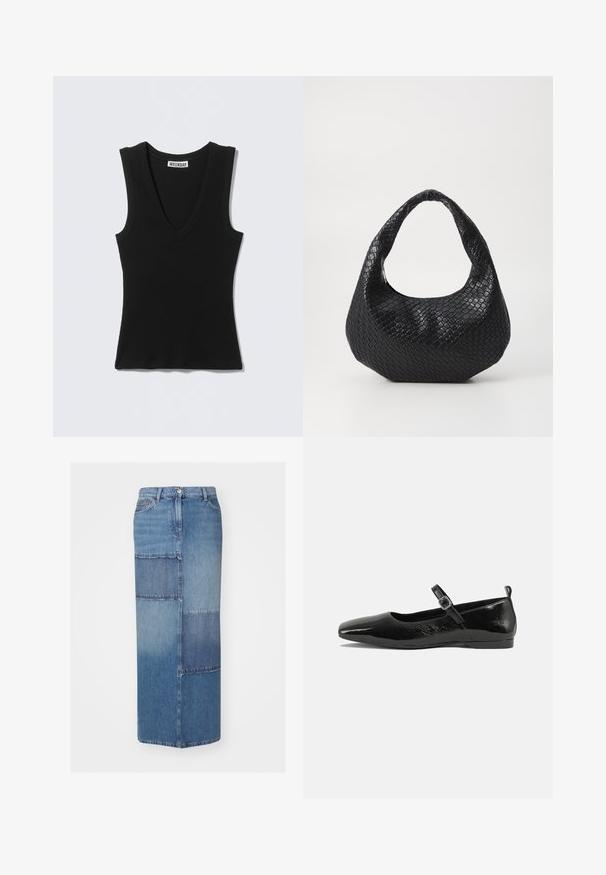 Haut noir sans manches en tricot côtelé avec col en V et étiquette "WEEKDAY" à l'intérieur du col, présenté à plat sur un fond gris clair.; Jupe en denim avec un patchwork dans des nuances de bleu variées, à coupe droite, taille haute et ourlet net.; Chaussure plate en cuir verni noir avec un bout pointu, une sangle de cheville avec boucles, et une texture lisse et brillante. Talon bas pour le confort.; Sac à main tissé noir avec une poignée courbée, présentant une surface texturée et une forme décontractée. Fini lisse avec une silhouette organique.