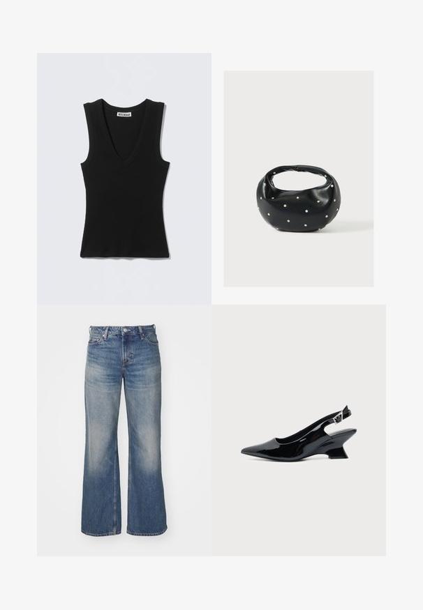 Haut noir sans manches en tricot côtelé avec col en V et étiquette "WEEKDAY" à l'intérieur du col, présenté à plat sur un fond gris clair.; Jean en denim bleu clair avec un design à jambes larges, présentant un délavage, cinq poches et un zip à bouton. Surpiqûres détaillées le long des coutures.; Chaussure slingback en cuir verni noir avec bout pointu et petit talon bloc incliné sur fond clair uni.; Sac à main en cuir noir de forme arrondie, décoré de clous argentés et équipé d'une poignée courte. Texture lisse et fermeture éclair.