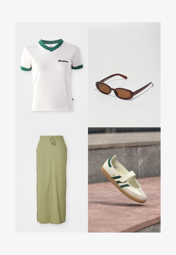 Witte T-shirt met korte mouwen en groene V-hals en mouwafwerking; voorzien van het "Dickies" logo in donkergroen op de linkerkant van de borst. Gladde katoenen textuur.; Olijfgroene linnen maxi rok met een koordsluiting in de taille, rechte silhoeet, zijzakken en een gladde textuur.; Witte leren schoen met groene strepen, ronde neus, vastgemaakt met een bandje. Gumzool, minimalistisch ontwerp, verhoogde stiksels langs de bovenranden.; Ronde, bruin getinte zonnebril met een glanzend bordeauxrood frame. Slanke pootjes met subtiele merkdetails. Vlakke lensontwerp.