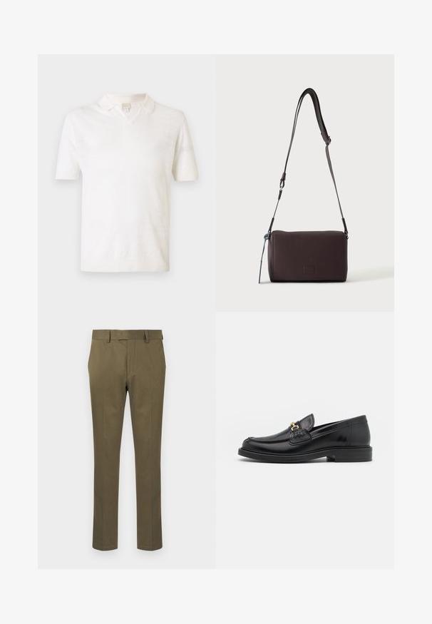 Polo à manches courtes couleur crème, avec un col en V, une texture lisse, des bordures côtelées aux manches, et un design minimaliste sans motifs.; Pantalon vert olive pour homme, coupe slim, avec passants de ceinture, poches latérales et fermeture éclair avant dissimulée, sur fond blanc.; Mocassins en cuir noir avec un embout rond, présentant des accents en métal doré et des détails de couture, montés sur une semelle en caoutchouc texturé et basse.; Sac bandoulière en cuir marron foncé texturé avec une sangle réglable et un petit accent décoratif bleu sur le côté.