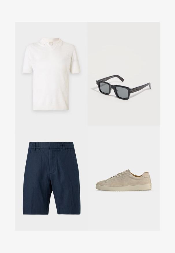 Polo à manches courtes couleur crème, avec un col en V, une texture lisse, des bordures côtelées aux manches, et un design minimaliste sans motifs.; Shorts bleu marine longueur genou avec taille élastique et passants pour ceinture, en tissu texturé, présentés sur un fond uni.; Baskets basses beiges en daim avec fermeture lacée et semelle épaisse en caoutchouc, vues de profil sur fond blanc uni.; Lunettes de soleil rectangulaires noires avec des verres teintés foncés et des branches épaisses, reposant sur une surface grise claire.