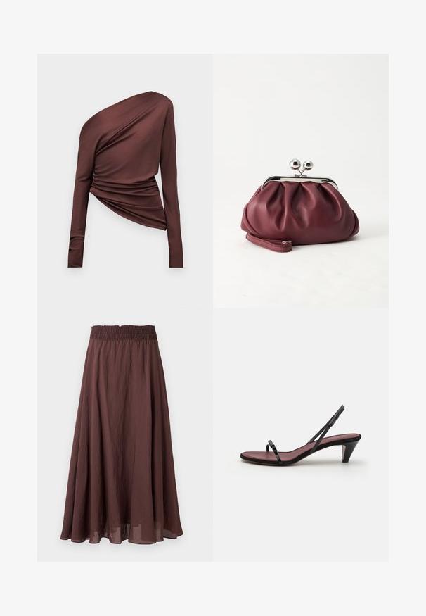 Haut asymétrique marron foncé à manches longues avec une épaule dégagée et un détail de tissu froncé sur un fond uni.; Jupe longue forme trapèze marron avec taille élastique froncée et tissu léger légèrement froissé, présentée sur un fond uni.; Sandale à talon noire avec de fines brides et une petite boucle décorative. La semelle intérieure est d'une couleur bordeaux contrastante, avec un talon conique élancé.; Petit sac pochette en cuir bordeaux avec fermoir métallique argenté et bracelet sur fond blanc.
