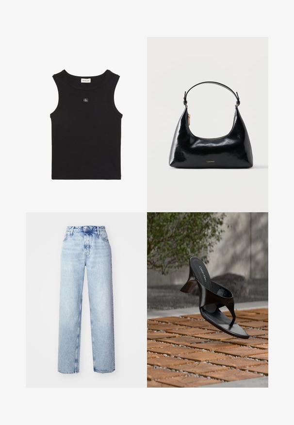 Zwart mouwloos geribd tanktopje met ronde halslijn en klein Calvin Klein logo patch in het midden op de borst.; Lichtblauwe high-waisted jeans met een losse pasvorm, met rechte pijpen, vijf zakken en een klassieke knoop- en ritssluiting.; Zwarte Calvin Klein hoge hak teenslipper die zweeft boven een betegeld buitenterrein met groen en een betonnen muur op de achtergrond.; Zwarte glanzende Calvin Klein handtas met gouden rits en korte band tegen een effen witte achtergrond.