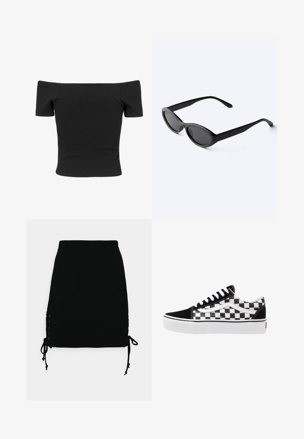 Zwarte geribbelde off-the-shoulder top met korte mouwen, getailleerde vorm, gladde textuur en een schoon, eenvoudig ontwerp.; Even&Odd Minirok - black; Zwart-wit geblokte canvas sneakers met zwarte suède accenten, witte veters en rubberen zool. Het logo aan de zijkant heeft een contrasterend ontwerp.; Strakke zwarte ovale zonnebril met donkere glazen en rechte pootjes, rustend op een wit oppervlak.