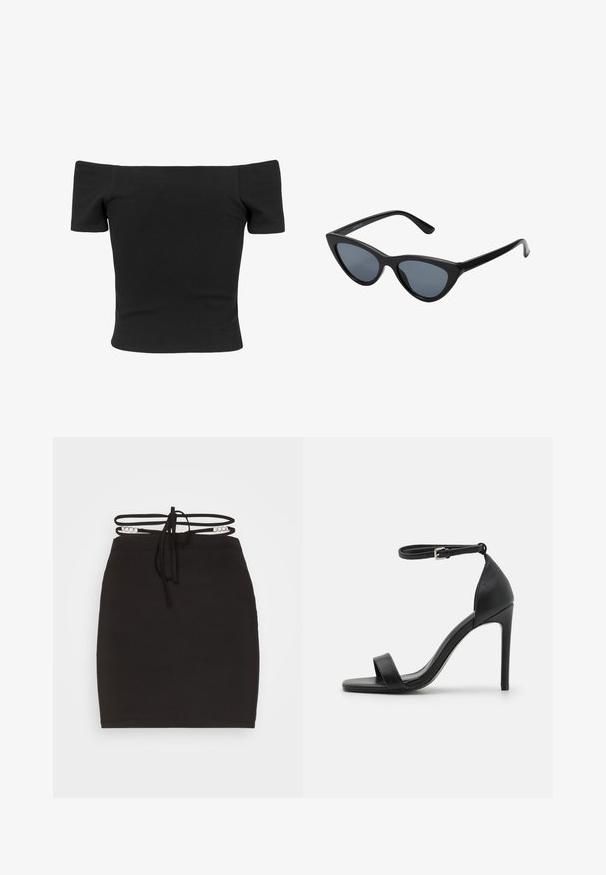 Čierny rebrovaný top bez ramienok s krátkymi rukávmi, priliehavý strih, hladká textúra a čistý, jednoduchý dizajn.; Noisy May NMCELESTE CHAIN DETAILS SKRIT - Minisukňa - black; Čierne sandále na vysokom opätku s elegantným dizajnom, obsahujúce popruh okolo členka, otvorenú špičku a hladký kožený povrch.; Čierne slnečné okuliare v štýle mačacích očí s tmavošedými sklami, elegantným plastovým rámom, špicatými rohmi a rovnými stranami. Bez viditeľného hardvéru alebo akcentov.