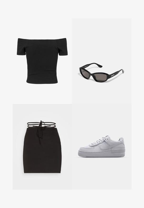 Zwarte geribbelde off-the-shoulder top met korte mouwen, getailleerde vorm, gladde textuur en een schoon, eenvoudig ontwerp.; Noisy May NMCELESTE CHAIN DETAILS SKRIT - Minirok - black; Grijze Nike Air Force 1 sneaker met geperforeerde neus, glad leren bovenwerk, dikke zool en verhoogde 'AIR' details op de hiel.; Zwarte zonnebril met een rechthoekig frame, donkere lenzen, gladde plastic materiaal en een metalen accent op de poot.