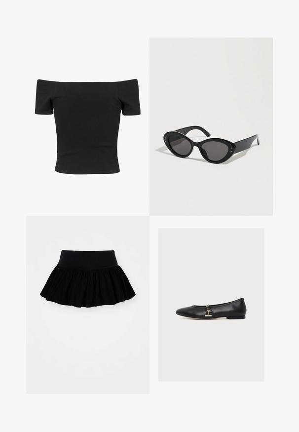 Sort ribbet off-shoulder top med korte ærmer, tætsiddende form, glat tekstur og et rent, enkelt design.; Sort flagrende skørt med samlet, tekstureret stof og et bredt liv. Simpelt design, ingen mønstre eller hardware til stede.; Sort læderballerina med en lille guldbeslået detalje på siden, lav hæl og afrundet tå, vist i profil på hvid baggrund.; Sorte solbriller med en stor cat-eye form. Glatte plaststel med mørke linser og små stjerne-accentsider.