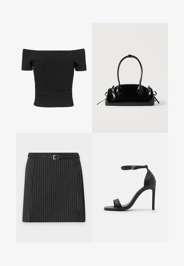 Sort ribbet off-shoulder top med korte ærmer, tætsiddende form, glat tekstur og et rent, enkelt design.; Sort mininederdel med hvide lodrette nålestriber, der har et tyndt bælte med en rektangulær sølvspænde ved taljen.; Sort højhælet sandal med et sleek design, der har en ankelrem, åben tå og glat lædertekstur.; Lille sort blank håndtaske med to lange håndtag og snøre-detaljer i siden på en ensfarvet lys baggrund.