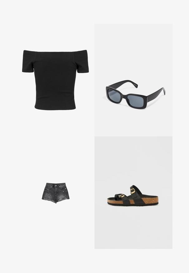 Schwarzes, gerippte, schulterfreies Top mit kurzen Ärmeln, figurbetonter Form, glatter Textur und einem klaren, schlichten Design.; Schwarze High-Waist-Jeansshorts mit Fronttaschen, Knopfverschluss und auffälligen Rissen vorn und an den Säumen.; Schwarze bequeme Sandalen mit zwei verstellbaren Riemen, goldenen Schnallen und einer Korkfußbett, ausgestattet mit einer strukturierten schwarzen Gummisohle.; Schwarze rechteckige Sonnenbrille mit dunkel getönten Gläsern, dickem Kunstrahmen und breiten Bügeln. Glatte Oberfläche und kantiges Design.