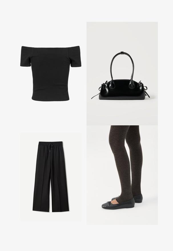 Haut noir à bretelles dénudées, à manches courtes, à coupe ajustée, texture lisse et design épuré et simple.; Pantalons larges noirs en tissu doux. Dotés d'une taille élastique avec un cordon de serrage et de deux poches latérales. Avant plat avec des plis.; Jambes portant des leggings côtelés foncés associés à des ballerines noires avec de petits détails en nœud sur fond blanc.; Petit sac à main noir brillant avec deux longues anses et des détails à cordon sur les côtés sur un fond clair uni.