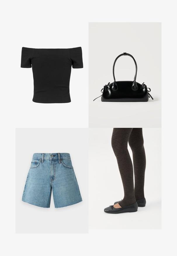 Top negro acanalado sin hombros con mangas cortas, forma ajustada, textura suave y un diseño limpio y sencillo.; Shorts de mezclilla en azul claro, con una cintura alta, cinco bolsillos y un dobladillo sin acabar. Fabricados en un tejido de algodón texturizado con un diseño clásico.; Piernas con leggings oscuros acanalados combinados con bailarinas negras que presentan pequeños detalles de lazo sobre un fondo blanco.; Pequeño bolso negro brillante con dos asas largas y detalles de cordón lateral sobre un fondo claro liso.