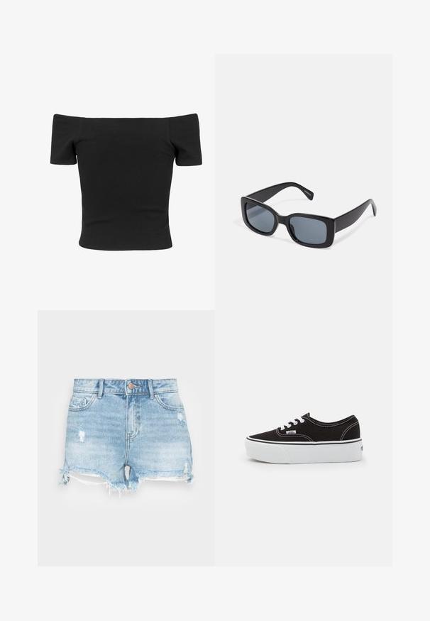 Zwarte geribbelde off-the-shoulder top met korte mouwen, getailleerde vorm, gladde textuur en een schoon, eenvoudig ontwerp.; Leren denim shorts in lichtblauw met een versleten afwerking, rafelige zoom en klassieke vijf-pocketontwerp. Voorzien van een metalen knoopsluiting.; Zwarte canvas sneaker met een witte rubberen platformzool, voorzien van witte veters en stiksels, iconische branding op de zijkant, low-top ontwerp.; Zwarte rechthoekige zonnebril met donkere getinte lenzen, een dik plastic montuur en brede scharnieren. Glad oppervlak en hoekig ontwerp.