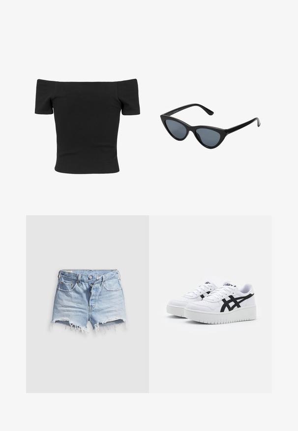 Schwarzes, gerippte, schulterfreies Top mit kurzen Ärmeln, figurbetonter Form, glatter Textur und einem klaren, schlichten Design.; Hellblaue Jeans-Cut-off-Shorts mit ausgefransten Säumen, fünf Taschen und einem Knopfverschluss. Die Textur ist weich mit einem leicht abgenutzten Aussehen.; Weiße Sneaker mit einer strukturierten Oberfläche, schwarzen Seitenstreifen und einer dicken weißen Sohle. Verfügt über ein Schnürdesign und ein Logo auf der Zunge.; Schwarze Cat-Eye-Sonnenbrille mit dunkelgrauen Gläsern, schlankem Kunststoffrahmen, spitzen Ecken und geraden Bügeln. Keine sichtbaren Befestigungen oder Akzente.