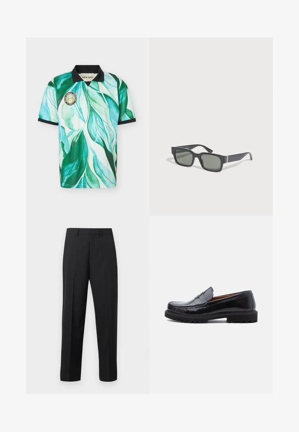 Maillot de football à manches courtes avec motif de feuilles vertes et bleues, col noir et bordures aux manches, et un écusson rond de l'équipe sur la poitrine.; Pantalon droit noir avec passants de ceinture, pli avant et braguette zippée sur fond blanc.; Mocassin penny en cuir noir avec semelle en caoutchouc épaisse et couture moc toe, montré de profil sur un fond blanc.; Lunettes de soleil rectangulaires noires avec des verres foncés, avec un petit détail de bande rouge et verte sur les branches.