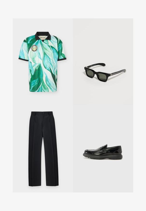 Maillot de football à manches courtes avec motif de feuilles vertes et bleues, col noir et bordures aux manches, et un écusson rond de l'équipe sur la poitrine.; Pantalon noir ajusté à jambes droites avec plis devant, passants pour ceinture et fermeture par bouton à la taille.; Mocassin en cuir noir avec une finition brillante, bout arrondi, détails de couture subtils et semelle en caoutchouc épaisse pour la durabilité.; Lunettes de soleil rectangulaires noires avec des montures épaisses et des verres foncés reposant sur une surface claire.