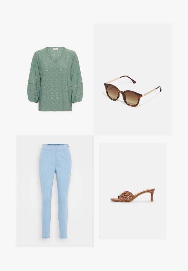 Kaffe KATYRA V - Blouse - green bay cc; Jean taille haute bleu clair à coupe ajustée, fabriqué en denim. Comprend deux coutures avant et une coupe droite jusqu'à la cheville.; Mule sandale à bout ouvert marron avec tige en cuir tressé et talon effilé de hauteur moyenne sur fond blanc.; Lunettes de soleil en écaille de tortue avec des verres dégradés marron, de forme arrondie et des accents en métal doré sur les branches.