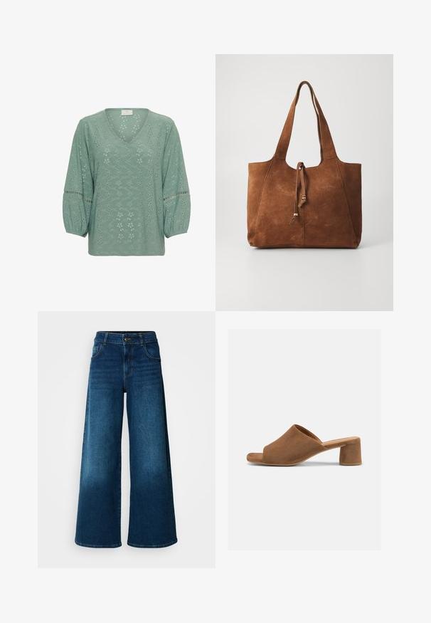 Kaffe KATYRA V - Bluse - green bay cc; Viddejeans lavet af mørkeblå denim. Har høj talje, knaplukning og klassisk fem-lomme design med subtile falme.; Brun ruskinds sandal med åbne tæer, bred rem og lav blokhælk på en ensfarvet lys baggrund.; Brun ruskinds tote bag med to lange håndtag, snøre lukning og glat tekstur. Har et enkelt design og minimale accenter.