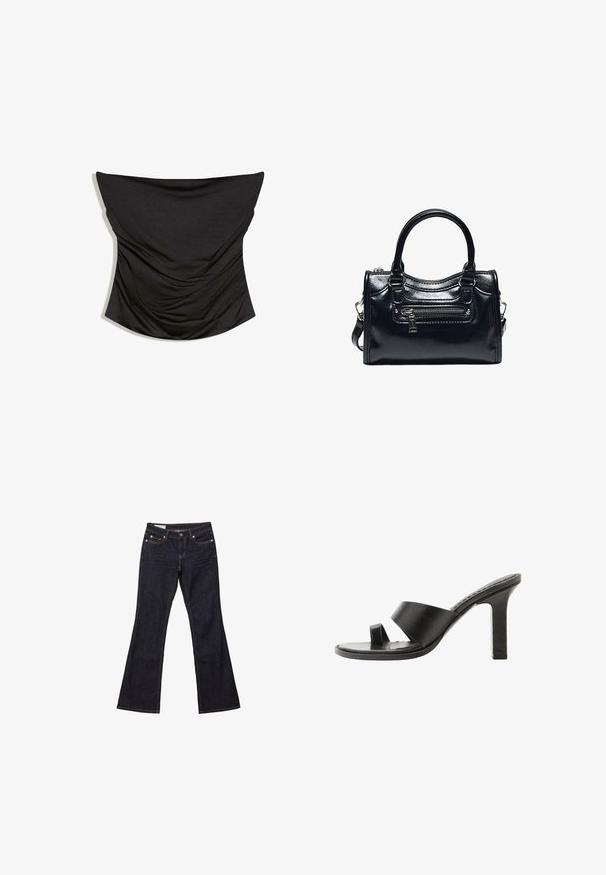 Corset noir en satin froncé sans bretelles avec un décolleté droit et une silhouette ajustée sur fond blanc.; Jean bootcut en denim bleu foncé avec poches avant, fermeture par boutons et surpiqûres visibles.; Sandale noire à talon haut avec une large bride sur le pied et une boucle pour l’orteil, vue de côté sur fond blanc.; Sac à main en cuir noir brillant avec deux poignées, poche avant zippée et bandoulière amovible sur fond blanc.