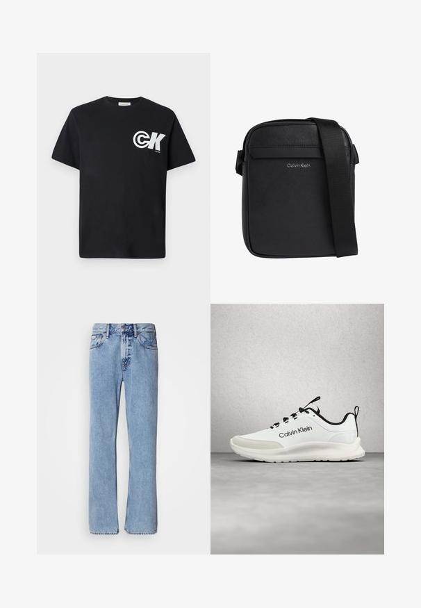 Zwarte katoenen T-shirt met korte mouwen, voorzien van een groot wit logo op de linker borst en een ronde crewneck.; Lichtblauwe denim jeans met een recht ontwerp, vijf zakken en een knoopsluiting. Stikdetails nabij de zakken en de tailleband.; Wit-zwarte Calvin Klein sneaker met zwarte veters zwevend boven een grijze vloer nabij glasblokramen.; Zwarte Calvin Klein crossbodytas met een gestructureerd oppervlak en verstelbare schouderriem.