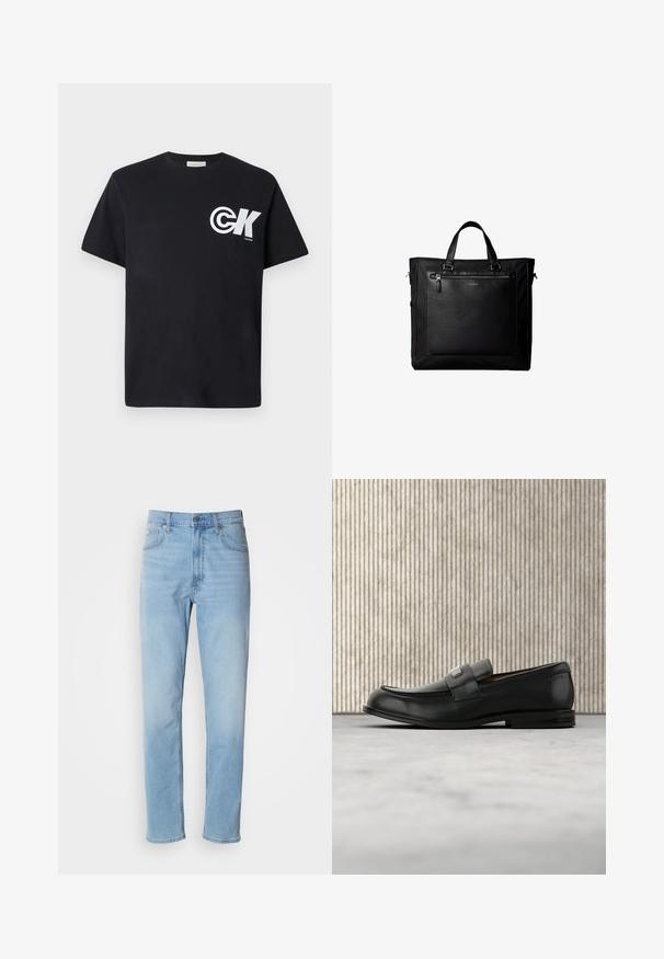 Zwarte katoenen T-shirt met korte mouwen, voorzien van een groot wit logo op de linker borst en een ronde crewneck.; Lichtblauwe denim jeans met een rechte pasvorm, vijf zakken en riemlussen. De stof heeft een gladde textuur met een lichte vervaging.; Zwarte leren loafer met een metalen merktekenplaatje, rustend bij een bruine ronde tafel op een beige tapijtvloer.; Zwarte tote bag met dubbele handvatten, grote voorste leren zak met ritssluiting en subtiel Calvin Klein-logo in het midden van de zak.