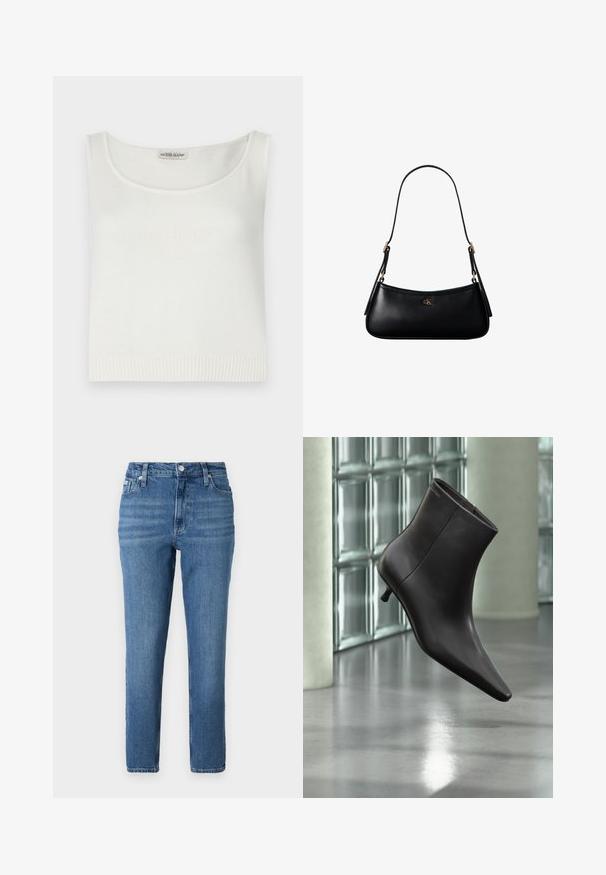 Top sans manches blanc en tissu tricoté avec un col en scoop et un ourlet côtelé. Présente le logo « GUESS JEANS » en relief sur le devant.; Jean en denim bleu clair à taille haute, coupe droite, style cinq poches et décoloration subtile. Dispose d'une fermeture à bouton en métal et à glissière.; Bottine en cuir noir avec bout pointu et petit talon, présentée devant un mur en blocs de verre et un sol poli.; Mini sac à bandoulière en cuir noir avec une fine bandoulière et un petit logo CK doré au centre avant.