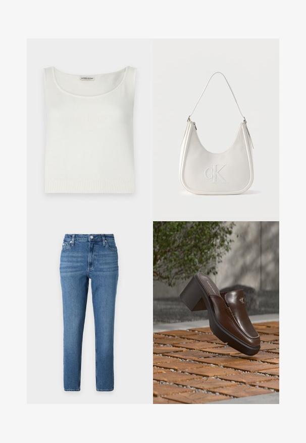 Top sans manches blanc en tissu tricoté avec un col en scoop et un ourlet côtelé. Présente le logo « GUESS JEANS » en relief sur le devant.; Jean en denim bleu clair à taille haute, coupe droite, style cinq poches et décoloration subtile. Dispose d'une fermeture à bouton en métal et à glissière.; Mule à talon en cuir marron Calvin Klein flottant au-dessus d'un sol en carrelage en bois avec en arrière-plan une plante verte et un mur flous.; Sac bandoulière en cuir blanc avec fermeture éclair, forme incurvée et logo CK en relief embossé sur le devant.