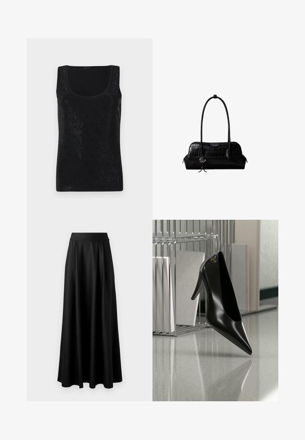 Débardeur noir sans manches présentant un motif en losanges avec de petites découpes, un col rond et une texture de tissu lisse.; Jupe longue noire avec une texture lisse, une taille large et un design plissé, sans motifs ni embellissements visibles.; Chaussure noire à talon haut avec bout pointu et logo doré, posée sur une surface réfléchissante près d'un organiseur de dossiers en fil chromé contenant des documents.; Sac à épaule en cuir noir à texture crocodile, avec de longues sangles et un petit charm logo argenté sur une sangle.