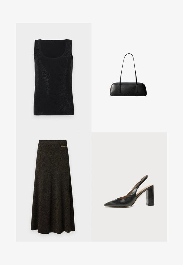 Débardeur noir sans manches présentant un motif en losanges avec de petites découpes, un col rond et une texture de tissu lisse.; Jupe midi noire en ligne A avec un subtil éclat doré et un petit logo doré "Armani Exchange" près de la taille côté droit.; Chaussure slingback en cuir noir à bout pointu avec un talon bloc haut et une doublure intérieure beige sur un fond clair uni.; Sac à main rectangulaire en cuir noir avec de longues lanières fines et un logo doré "Calvin Klein" au centre avant.
