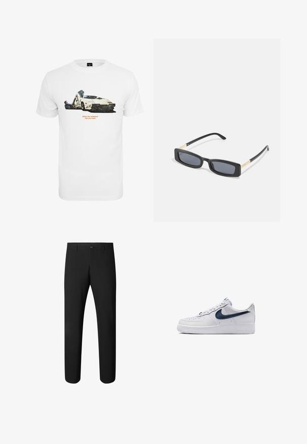 Hvid bomulds T-shirt med en bilillustration med to figurer, tekst der siger "Når weekenden rammer dig hårdt," og sat mod en simpel baggrund.; Sorte, tætsiddende bukser med knaplukning og bæltestropper, designet til formelt eller kontorbrug.; Hvid Nike Air Force 1 lavsko med navyblåt swoosh-logo og perforeret tå på hvid baggrund.; Rektangulære sorte solbriller med mørke linser. Slanke, flade arme har en guldfarvet detalje. Glat plastisk ramme med mat finish.