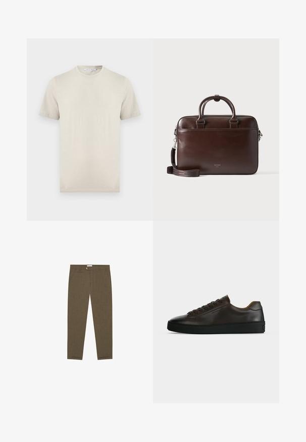 Beige short-sleeve crew neck T-shirt made from soft fabric, with a tag labeled "Tiger of Sweden" inside the collar.; Brown tailored trousers with front pockets, belt loops, and a button closure at the waist, laid flat on a white background.; Low-profile dark brown leather sneaker with black rubber sole, lace-up front, and smooth minimalist design on a light background.; Dark brown leather briefcase with dual handles and detachable shoulder strap, rectangular shape, smooth texture, and front pocket.
