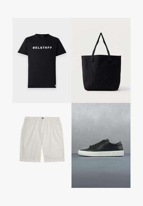 Čierne bavlnené tričko s okrúhlym výstrihom, krátkymi rukávmi a bielym logom "BELSTAFF" potlačeným na hrudi.; Svetlo béžové krátke nohavice po kolená s prednými vreckami, pútkami na opasok, zapínaním na gombík a hladkou, čistou tkaninou.; Čierne kožené tenisky s okrúhlou špičkou, textúrovaným povrchom, bielou gumovou podrážkou a čiernymi šnúrkami. Minimalistický dizajn s elegantným profilom.; Čierna plátená taška s dvoma ramennými popruhmi a jemným vtlačeným kruhovým vzorom na prednej strane.