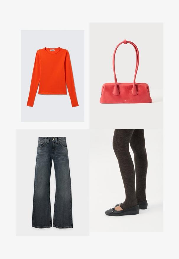 T-shirt à manches longues et col rond de couleur orange vif, fabriqué en tissu de coton doux, avec une coupe droite et un design épuré.; Jean large à jambe évasée, lavage foncé, avec léger délavé sur les cuisses, design classique à cinq poches et coutures apparentes, posé à plat sur fond blanc.; Jambes portant des leggings côtelés foncés associés à des ballerines noires avec de petits détails en nœud sur fond blanc.; Sac à main en cuir rouge avec une longue poignée fine bouclée et fixée en haut, présenté sur un fond clair uni.