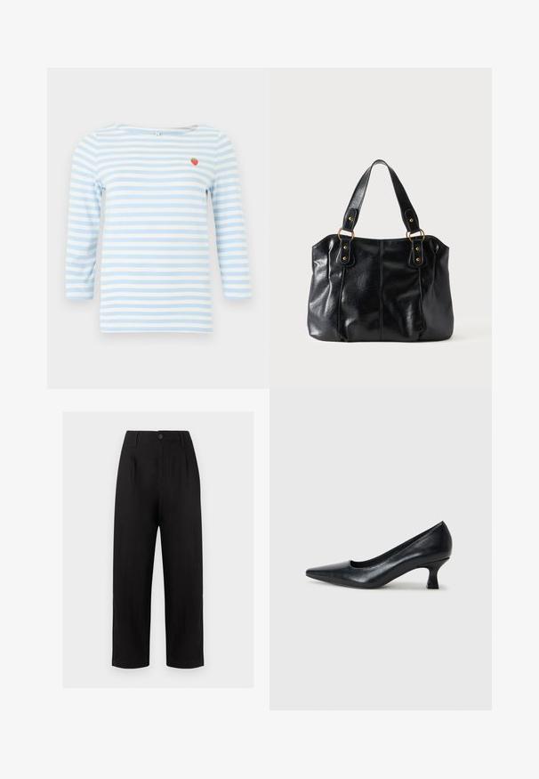 Chemise à manches longues à rayures horizontales bleu clair et blanc avec un petit écusson de fraise rouge sur la partie supérieure gauche de la poitrine.; Pantalon noir taille haute et jambes larges avec passants de ceinture, bouton sur le devant et fermeture éclair, sur un fond clair uni.; Pompe en cuir noir avec un bout pointu et un petit talon carré. Texture lisse, lignes épurées, design simple sans motifs ni ornements visibles.; Sac à épaule en cuir noir avec double anses attachées par des anneaux et rivets dorés, surface lisse et légèrement brillante, design simple.