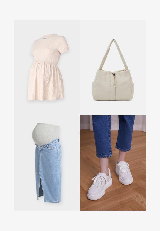 Lys beige kortærmet graviditetskjole med rund hals, ribbet tekstur og en A-formet silhuet, der flyder fra taljen.; Mavevenlig denimnederdel med grå elastisk panel i taljen og frontslids, designet for komfort under graviditeten.; Ben iført cropped blå jeans og hvide snørebånds-plateausneakers, stående på lyst trægulv.; Even&Odd by Zalando Håndtasker - off-white