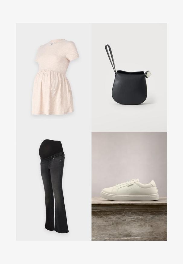 Vestido de maternidad corto de manga corta en color beige claro, con escote redondo, textura acanalada y una silueta en A que fluye desde la cintura.; Jeans de maternidad en denim gris oscuro con un panel negro elástico para soporte de la barriga, diseño de pierna acampanada y estilo clásico de cinco bolsillos.; Zapatilla blanca de cuero con cordones flotando sobre un banco de madera, con hierba alta verde desenfocada al fondo en un entorno al aire libre.; Bolso de muñeca de cuero negro con base redondeada y cierre plateado sobre un fondo blanco liso.
