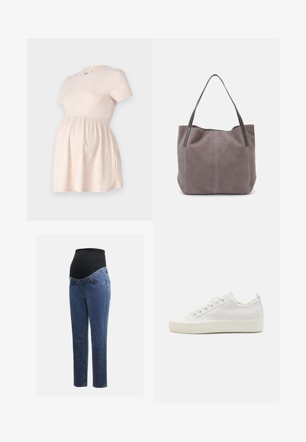 Lys beige kortærmet graviditetskjole med rund hals, ribbet tekstur og en A-formet silhuet, der flyder fra taljen.; Graviditetsjeans med ben i blå denim og en sort strækbare abdominalpanel designet til at støtte og dække en voksende mave.; Hvide kanvas sneakers med en struktureret overdel, rundt tåhætte, flad sål og snørelukning. Har en let flossede krave og en løkke.; Grå ruskind tote taske med to mørke læderhåndtag. Har stikninger på siderne, blød tekstur og en rummelig åbning.