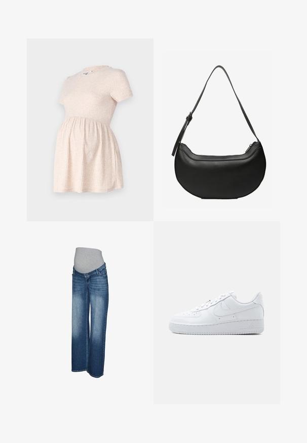 Hellbeige schulterfreies Schwangerschafts-Kleid mit rundem Halsausschnitt, geripptem Material und einer A-Linie, die sanft von der Taille abwärts fließt.; Umstandsjeans aus hell- bis dunkelblauem Denim. Weites Bein mit grauem elastischem Bund für Komfort und Dehnbarkeit. Keine sichtbaren Verschlüsse.; Weißer Nike Air Force 1 Sneaker mit niedrigem Schaft, Schnürverschluss, perforierter Zehenbox und dem charakteristischen Swoosh-Logo an der Seite.; Schwarze, halbmondförmige Lederschultertasche mit langem, verstellbarem Riemen und Reißverschluss oben.