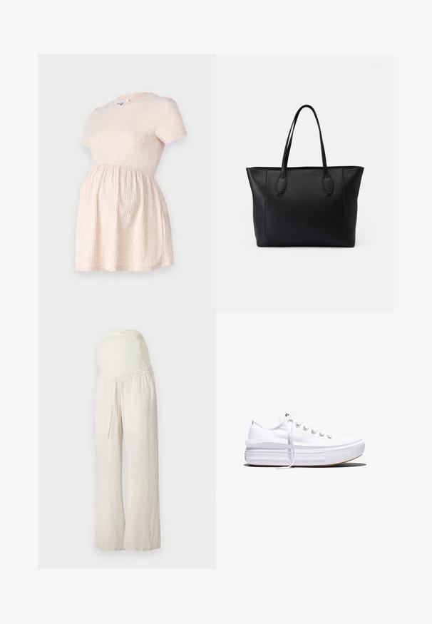 Robe de maternité beige clair à manches courtes avec un col rond, texture côtelée, et une silhouette évasée partant de la taille.; Pantalons de maternité beige clair avec une coupe décontractée, une taille élastique et un panneau de soutien au ventre doux et extensible. Fabriqués dans un matériau léger et respirant.; Baskets basses blanches en toile avec semelle plateforme épaisse, lacets sur le devant et embout en caoutchouc texturé, vues de profil.; Sac en cuir noir avec deux poignées robustes, présentant une texture lisse, une forme rectangulaire et des détails de couture subtils le long des bords.