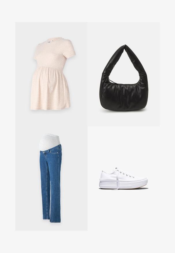Hellbeige schulterfreies Schwangerschafts-Kleid mit rundem Halsausschnitt, geripptem Material und einer A-Linie, die sanft von der Taille abwärts fließt.; Vero Moda Maternity Straight fit maternity - Jeans Straight Leg - medium blue denim; Weißer Canvas-Sneaker mit niedrigem Schnitt, dicker Plateau-Sohle, vorderer Schnürung und rauer Gummikappe an der Spitze, aus seitlicher Ansicht gezeigt.; Schwarze Leder-Schultertasche mit lässigem Design, ausgestattet mit einem markanten, geknoteten Griff und einem Reißverschlussverschluss. Sanfte Textur über die gesamte Fläche.