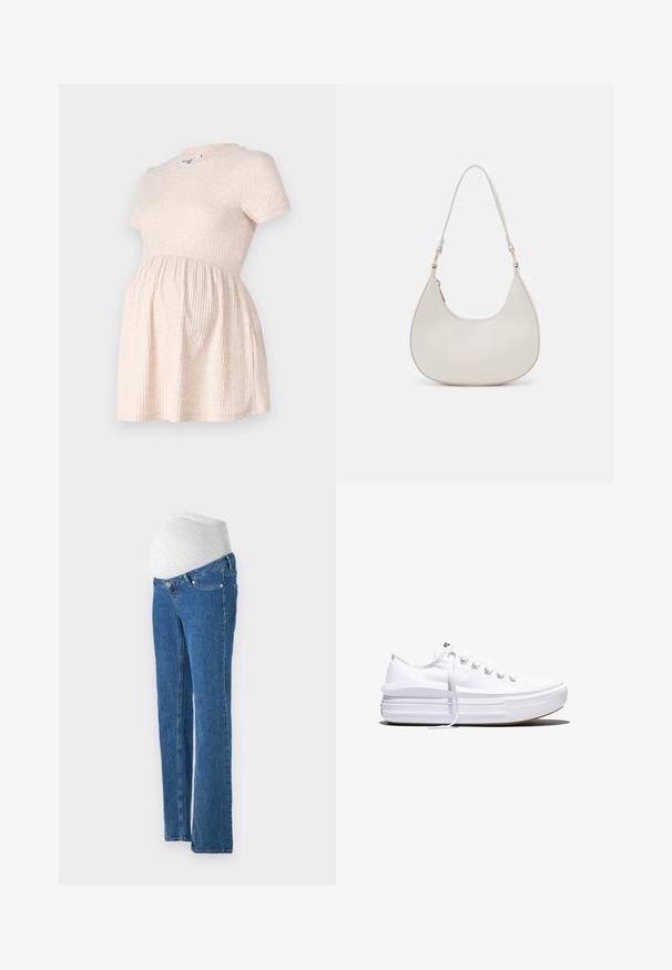Lys beige kortærmet graviditetskjole med rund hals, ribbet tekstur og en A-formet silhuet, der flyder fra taljen.; Vero Moda Maternity Straight fit maternity - Jeans Straight Leg - medium blue denim; Hvid lavt snørestøvle med tyk plateau-sål, snørelukning foran og gummiforstærket tåkap, set i sideprofil.; Cremefarvet læder skuldertaske med en halvmåneform, tynd rem og diskrete syninger. Minimalistisk design med hardware-accenter i guldton.