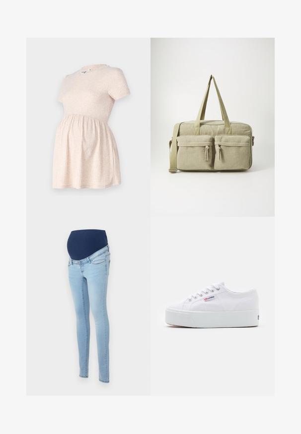 Hellbeige schulterfreies Schwangerschafts-Kleid mit rundem Halsausschnitt, geripptem Material und einer A-Linie, die sanft von der Taille abwärts fließt.; Hellblaue Umstandsjeans mit elastischem dunkelblauem Bauchpanel, entworfen für Komfort und Unterstützung während der Schwangerschaft.; Weiße Leinenschuhe mit einer dicken weißen Plattformsohle, runder Zehenpartie und Metallösen für die Schnürsenkel. Markenlogo an der Seite angebracht.; Even&Odd by Zalando Weekender - green