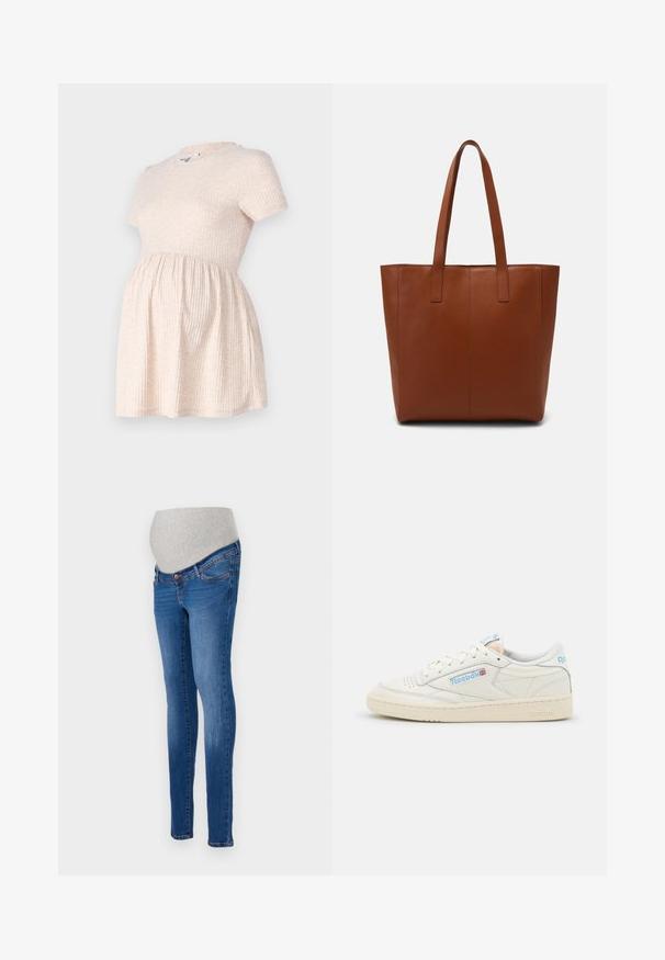 Hellbeige schulterfreies Schwangerschafts-Kleid mit rundem Halsausschnitt, geripptem Material und einer A-Linie, die sanft von der Taille abwärts fließt.; Schwangerschaftsjeans aus blauen Denim mit einer figurnahen Passform. Verfügt über ein graues Dehnbande für zusätzlichen Komfort. Klassisches Fünf-Taschen-Design mit leichter Ausbleichung.; Reebok-Sneaker aus beige Leder mit hellblauen Akzenten. Verfügt über eine perforierte Zehe, flache Schnürsenkel und eine strukturierte Gummisohle.; Braune Leder-Shopper-Tasche mit glatter Textur, vertikalen Nahtdetails und zwei flachen Tragegriffen. Offenes Oberteil-Design, geräumiger Innenraum.