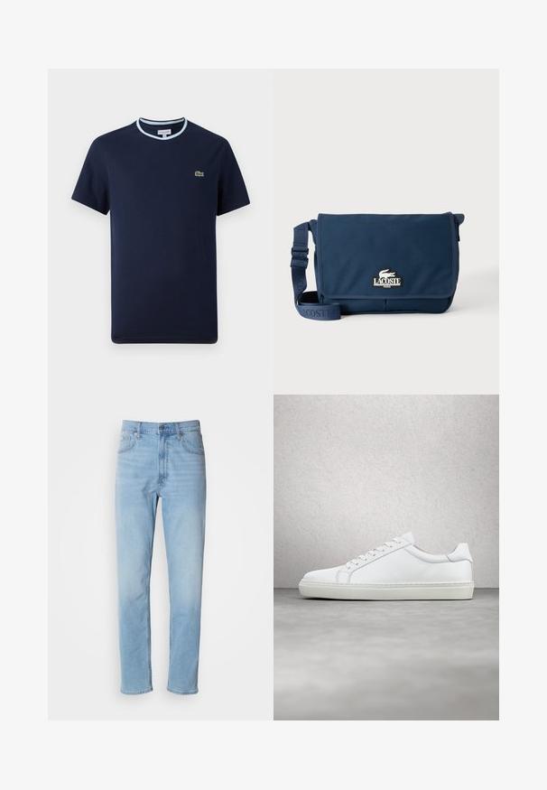 Marineblåt T-shirt i bomuld, med en lys blå ribbet halsudskæring. Har et lille grønt krokodille-logo på brystet. Kortærmet design.; Lys blå denim jeans med lige pasform, fem lommer og bæltestropper. Stoffet har en glat overflade med en let falmningseffekt.; Hvide sneakers med en glat læderoverdel og lav profil. Har en rund tå, seks snørehuller og en tekstureret gummisål.; Marineblå Lacoste messenger taske med justerbar rem og logo på frontklap, sat mod en ensfarvet lys baggrund.