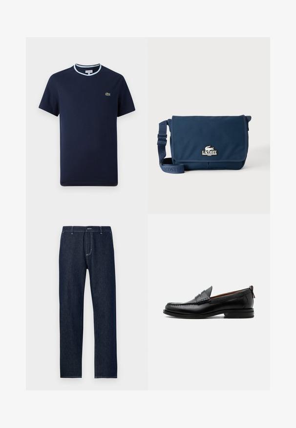 Marineblåt T-shirt i bomuld, med en lys blå ribbet halsudskæring. Har et lille grønt krokodille-logo på brystet. Kortærmet design.; Mørkeblå denimjeans med lige ben, prydet med kontrasterende gule sømme og en klassisk femlomme-design.; Sort læder herre loafer med moc-tå syning, penny strop, struktureret krave og lav stablet hæl på hvid baggrund.; Marineblå Lacoste messenger taske med justerbar rem og logo på frontklap, sat mod en ensfarvet lys baggrund.