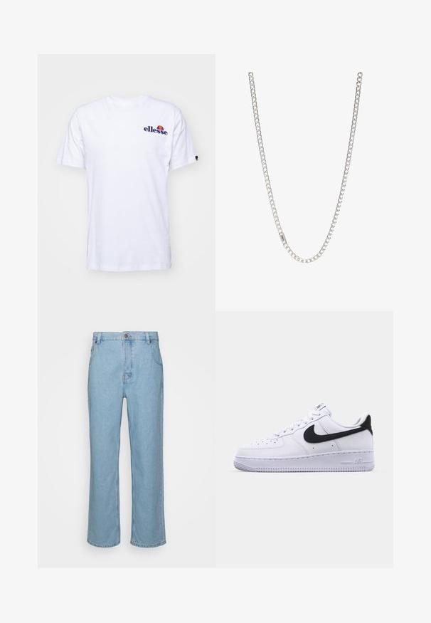 Witte katoenen T-shirt met korte mouwen, voorzien van een marineblauw geborduurd logo op de linkerborst en een levendige kleurenaccent boven het logo.; Lichtblauwe denim jeans met een recht pijpdesign, met een knoopsluiting, riemlussen en twee voorzakken.; Witte leren sneaker met een gestructureerde zwarte Swoosh, platte veters en een rubberen zool met een geribbeld patroon. "AIR" is in de hak geperst.; Zilveren ketting met in elkaar grijpende schakels, een gladde textuur en een uniforme rechthoekige vorm. Veilige sluiting.