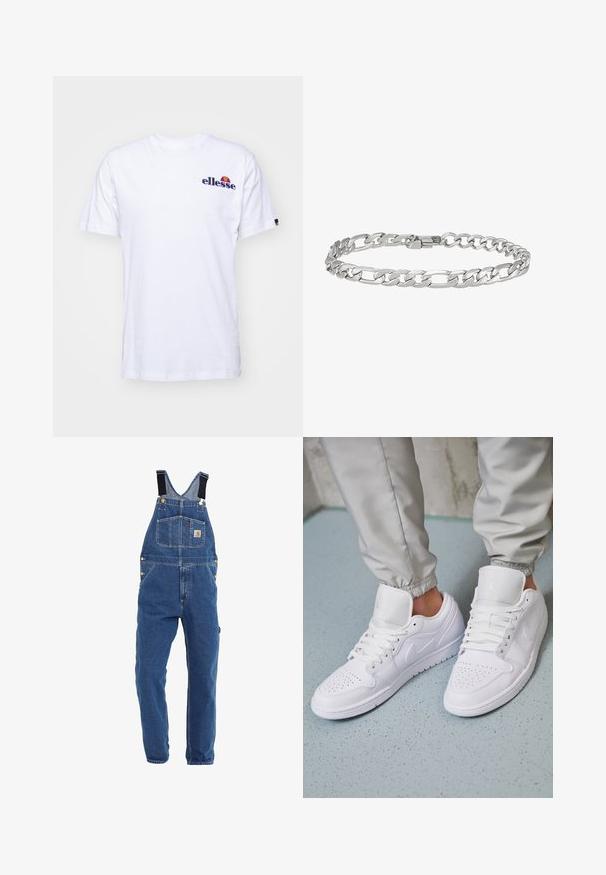 Weißes Baumwoll-T-Shirt mit kurzen Ärmeln, das ein marineblaues gesticktes Logo auf der linken Brust und einen lebhaften Farbakzent über dem Logo präsentiert.; Jeanslatzhosen in einem mittleren Blauton, mit verstellbaren schwarzen Trägern, mehreren Taschen und Metallbeschlägen.; Weiße Ledersneaker mit perforierter Zehenbox, flachen Schnürsenkeln, gepolstertem Kragen und dem Jordan-Logo auf der Zunge. Getragen mit grauen Jogginghosen.; Silberne Metallarmband mit ineinandergreifenden ovalen Gliedern und glatter Oberfläche sowie einem sicheren Verschluss.